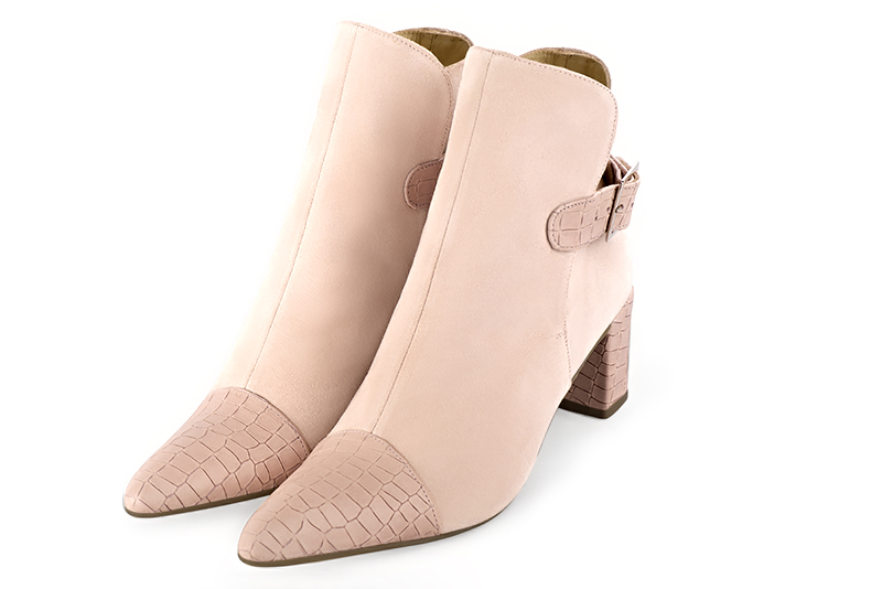 Powder pink women's ankle boots with buckles at the back. Tapered toe. Medium block heels. Front view - Florence KOOIJMAN